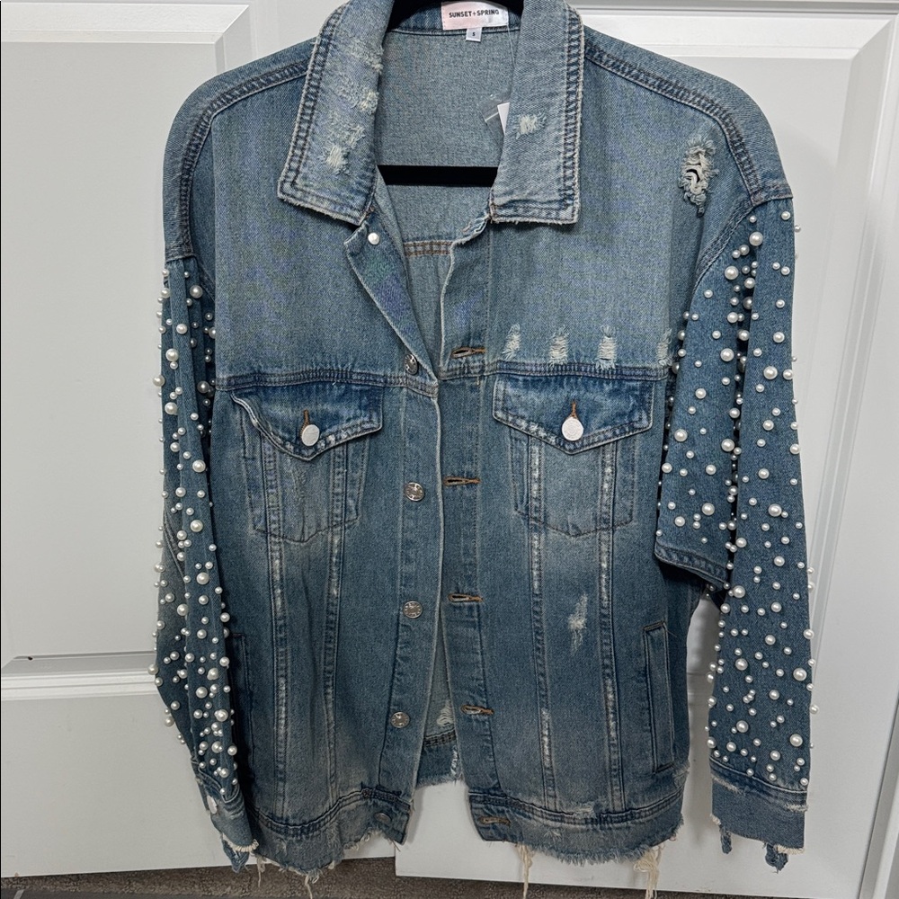 Sunset + Spring Pearl Embellished denim jacket size small